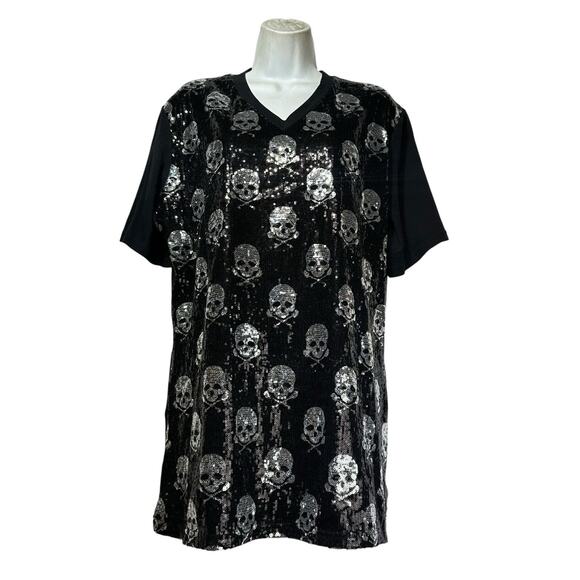 from Los Angeles bus stop sequin skull black Short Sleeve shirt Size 3X - Picture 1 of 8